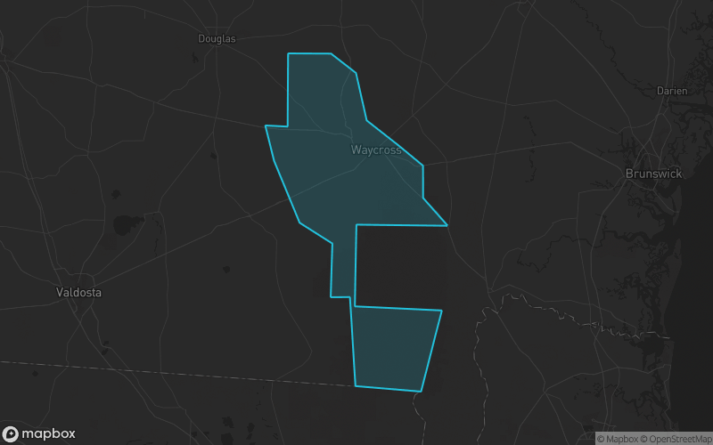 Map of Ware County, Georgia showing the county boundary and surrounding cities