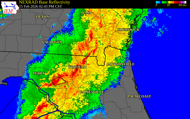 NEXRAD radar during the Sunday, February 15, 2026 storm activity in Ware County, Georgia