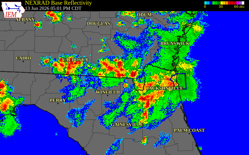 NEXRAD radar during the Saturday, June 13, 2026 storm activity in Ware County, Georgia