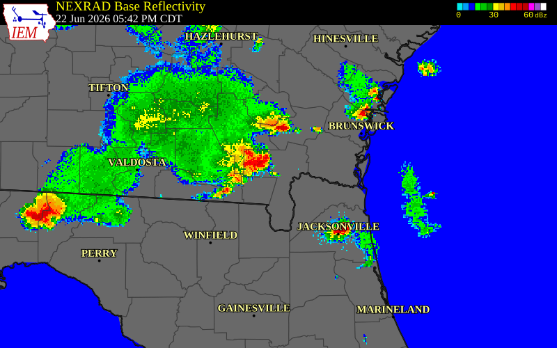 NEXRAD radar during the Monday, June 22, 2026 storm activity in Ware County, Georgia