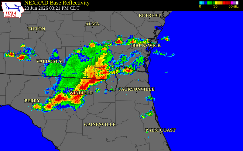 NEXRAD radar during the Tuesday, June 23, 2026 storm activity in Ware County, Georgia
