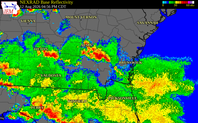 NEXRAD radar during the Wednesday, August 12, 2026 storm activity in Ware County, Georgia