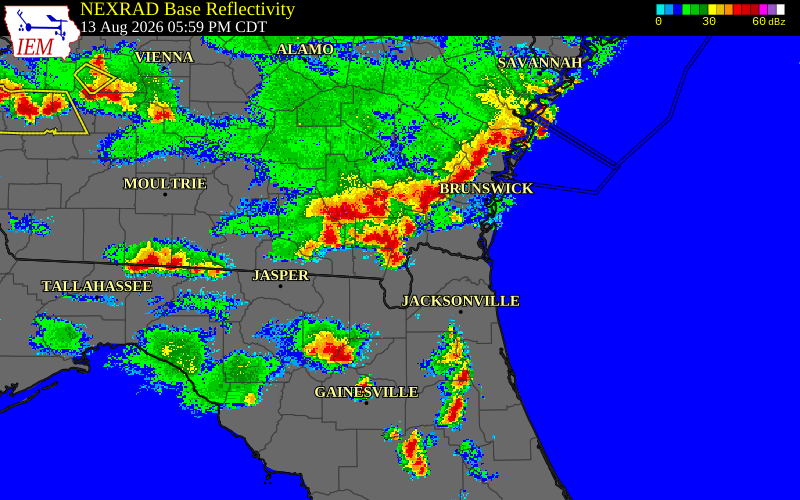 Radar snapshot during the Aug 12, 2026 wind event near Ware County, Ware County, Georgia, with NWS warning polygons