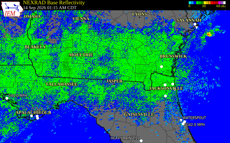 Current NEXRAD radar over Ware County, Georgia with recent storm report locations