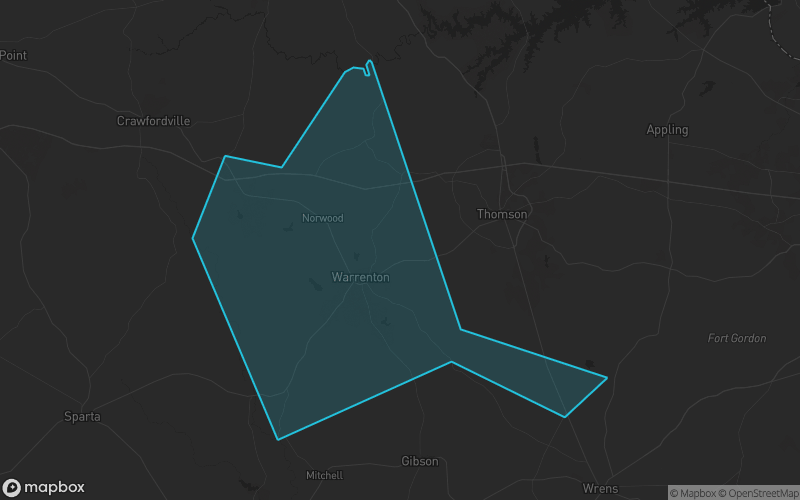 Map of Warren County, Georgia showing the county boundary and surrounding cities