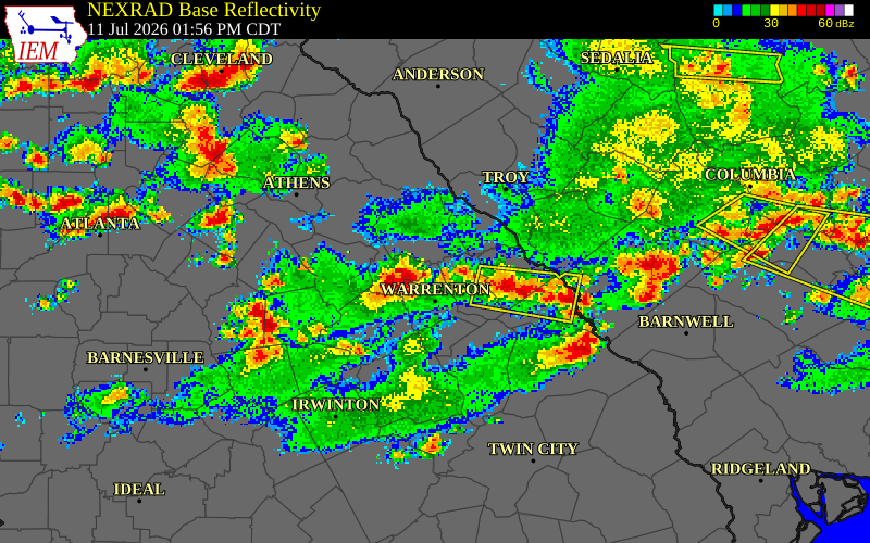 NEXRAD radar during the Saturday, July 11, 2026 storm activity in Warren County, Georgia