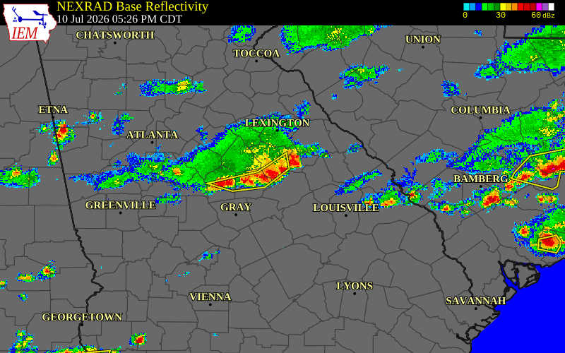 Radar snapshot during the Jul 10, 2026 wind event near Warren County, Warren County, Georgia, with NWS warning polygons