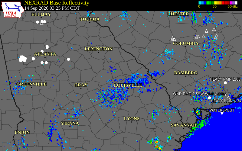 Current NEXRAD radar over Warren County, Georgia with recent storm report locations