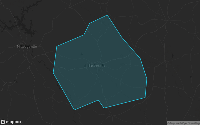 Map of Washington County, Georgia showing the county boundary and surrounding cities