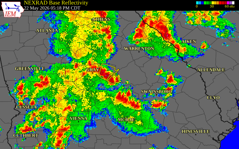 NEXRAD radar during the Friday, May 22, 2026 storm activity in Washington County, Georgia