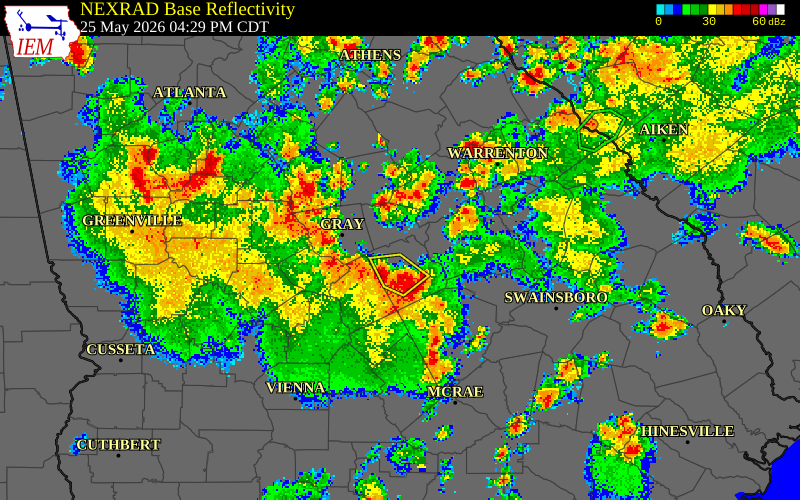 NEXRAD radar during the Monday, May 25, 2026 storm activity in Washington County, Georgia