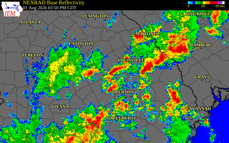 NEXRAD radar during the Saturday, August 1, 2026 storm activity in Washington County, Georgia