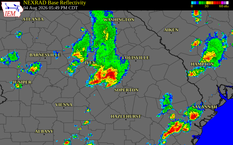 NEXRAD radar during the Tuesday, August 4, 2026 storm activity in Washington County, Georgia