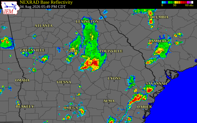 Radar snapshot during the Aug 4, 2026 wind event near Washington County, Washington County, Georgia, with NWS warning polygons