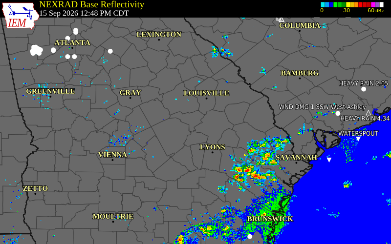 Current NEXRAD radar over Washington County, Georgia with recent storm report locations