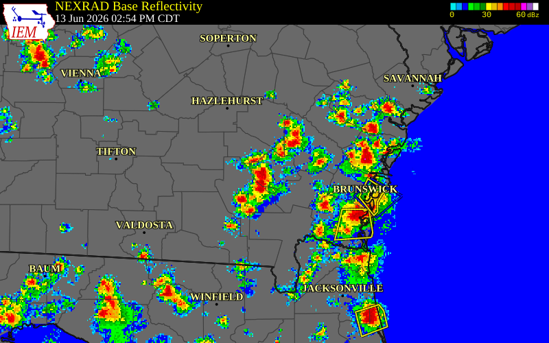 NEXRAD radar during the Saturday, June 13, 2026 storm activity in Wayne County, Georgia