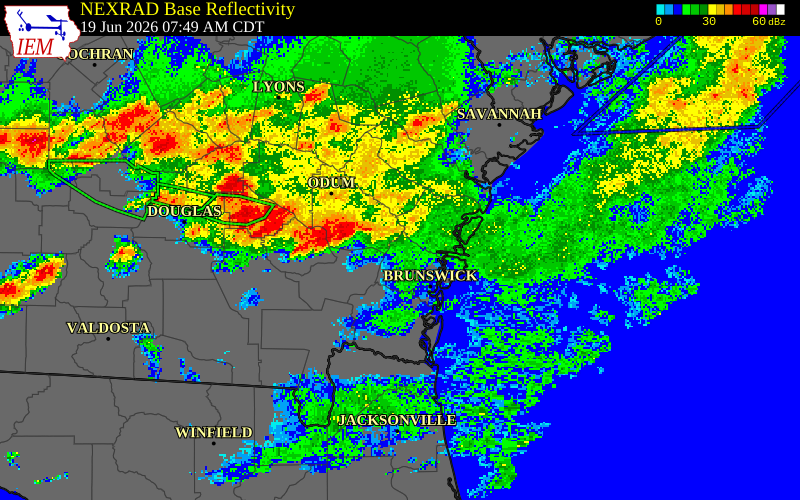 NEXRAD radar during the Friday, June 19, 2026 storm activity in Wayne County, Georgia