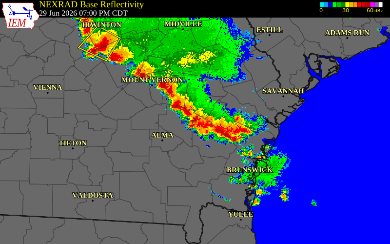 NEXRAD radar during the Monday, June 29, 2026 storm activity in Wayne County, Georgia