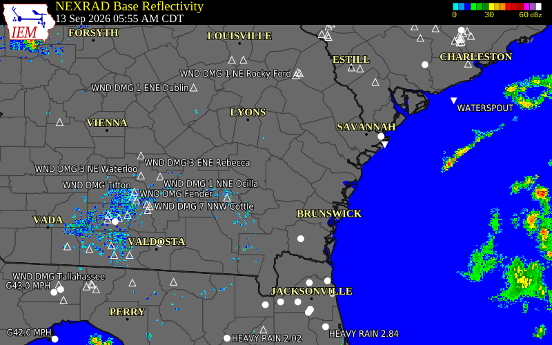 Current NEXRAD radar over Wayne County, Georgia with recent storm report locations