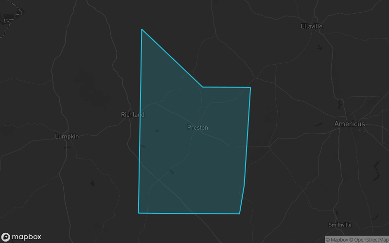 Map of Webster County, Georgia showing the county boundary and surrounding cities