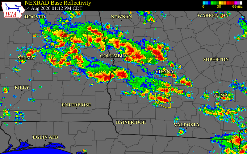 Radar snapshot during the Aug 2, 2026 wind event near Webster County, Webster County, Georgia, with NWS warning polygons