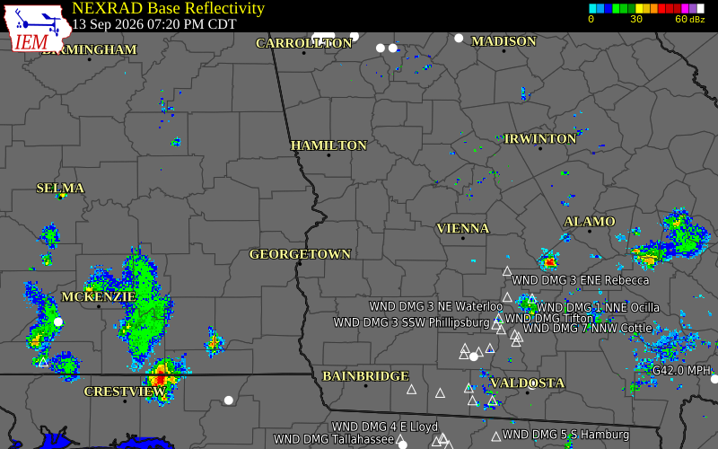 Current NEXRAD radar over Webster County, Georgia with recent storm report locations