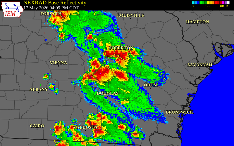 NEXRAD radar during the Sunday, May 17, 2026 storm activity in Wheeler County, Georgia