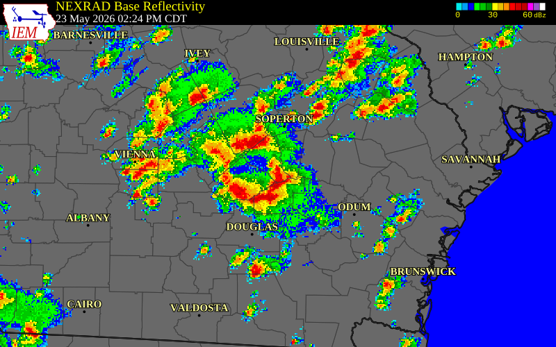 NEXRAD radar during the Saturday, May 23, 2026 storm activity in Wheeler County, Georgia