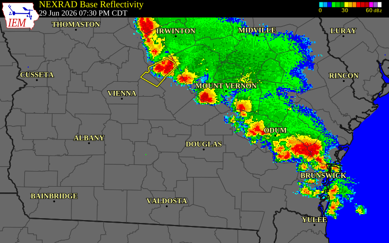 NEXRAD radar during the Monday, June 29, 2026 storm activity in Wheeler County, Georgia