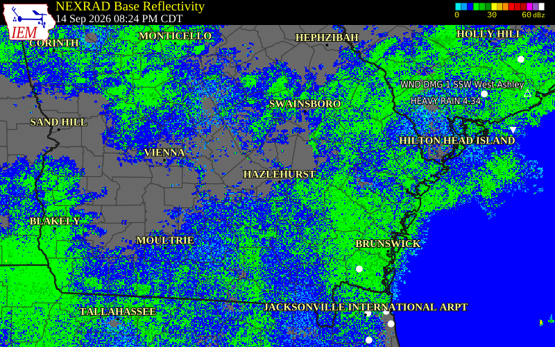 Current NEXRAD radar over Wheeler County, Georgia with recent storm report locations