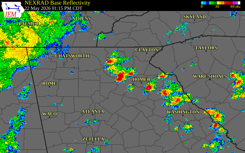 NEXRAD radar during the Friday, May 22, 2026 storm activity in White County, Georgia