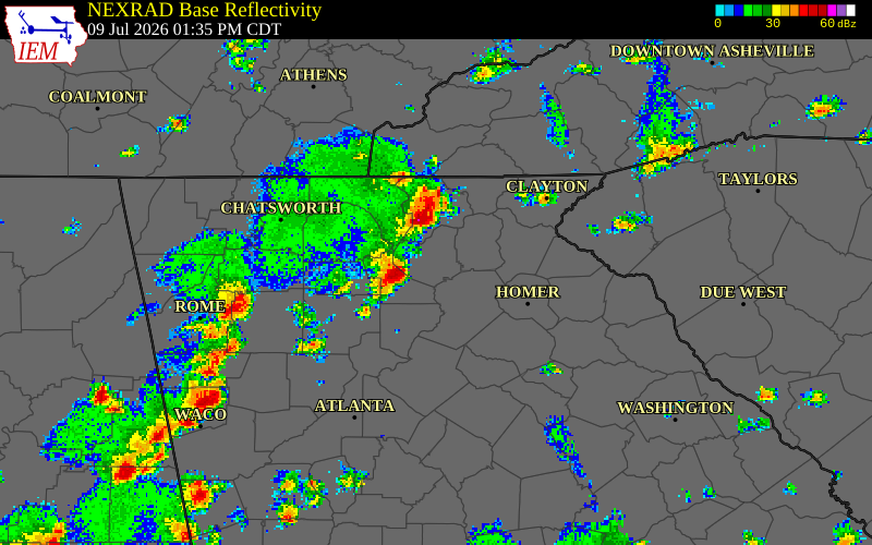 NEXRAD radar during the Thursday, July 9, 2026 storm activity in White County, Georgia