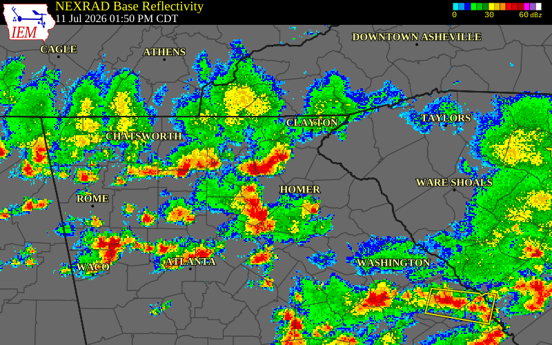 NEXRAD radar during the Saturday, July 11, 2026 storm activity in White County, Georgia