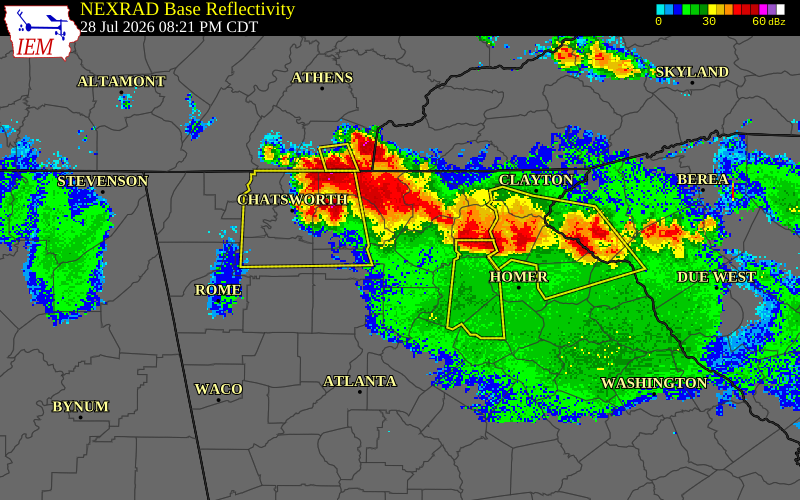 NEXRAD radar during the Tuesday, July 28, 2026 storm activity in White County, Georgia