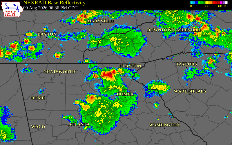 NEXRAD radar during the Sunday, August 9, 2026 storm activity in White County, Georgia