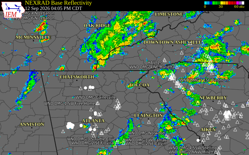 Current NEXRAD radar over White County, Georgia with recent storm report locations