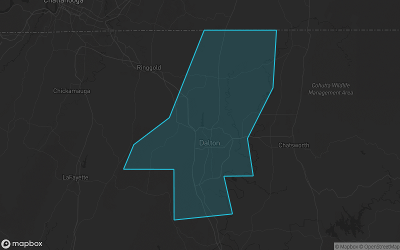 Map of Whitfield County, Georgia showing the county boundary and surrounding cities