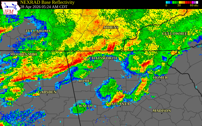 NEXRAD radar during the Tuesday, April 28, 2026 storm activity in Whitfield County, Georgia