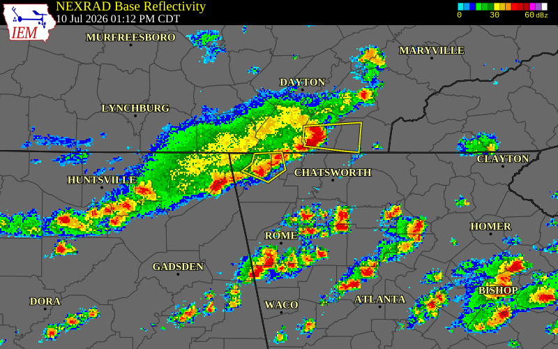 NEXRAD radar during the Friday, July 10, 2026 storm activity in Whitfield County, Georgia