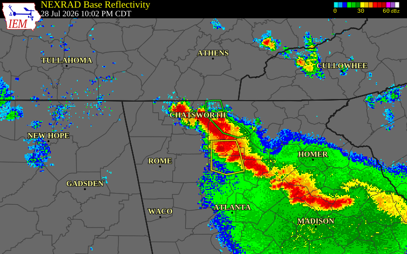 NEXRAD radar during the Tuesday, July 28, 2026 storm activity in Whitfield County, Georgia