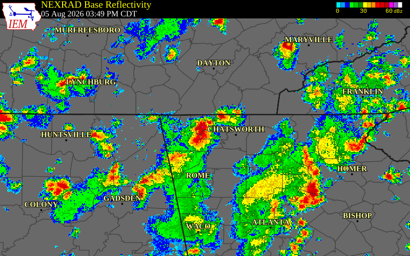 NEXRAD radar during the Wednesday, August 5, 2026 storm activity in Whitfield County, Georgia