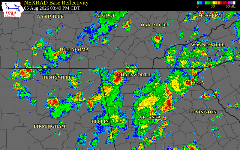 Radar snapshot during the Aug 5, 2026 wind event near Whitfield County, Whitfield County, Georgia, with NWS warning polygons