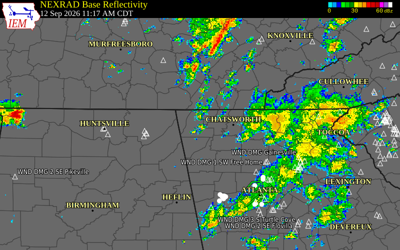 Current NEXRAD radar over Whitfield County, Georgia with recent storm report locations