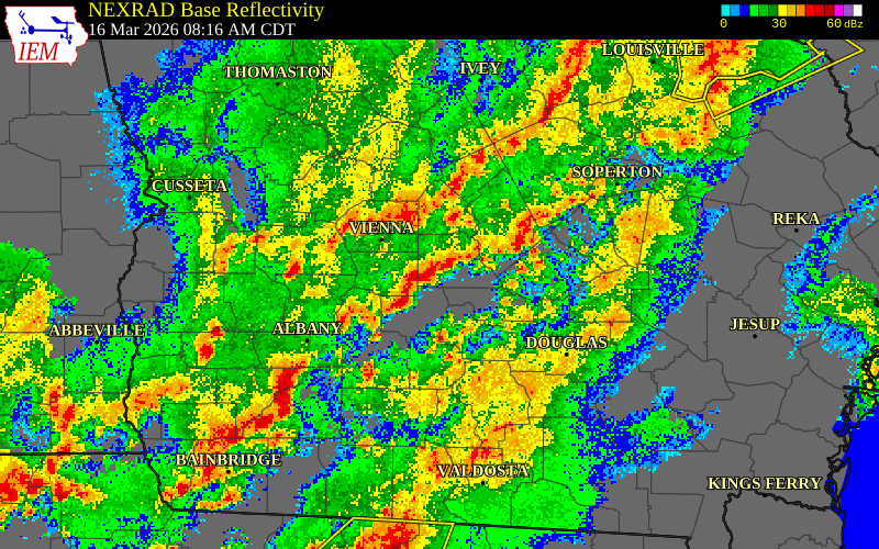 NEXRAD radar during the Monday, March 16, 2026 storm activity in Wilcox County, Georgia