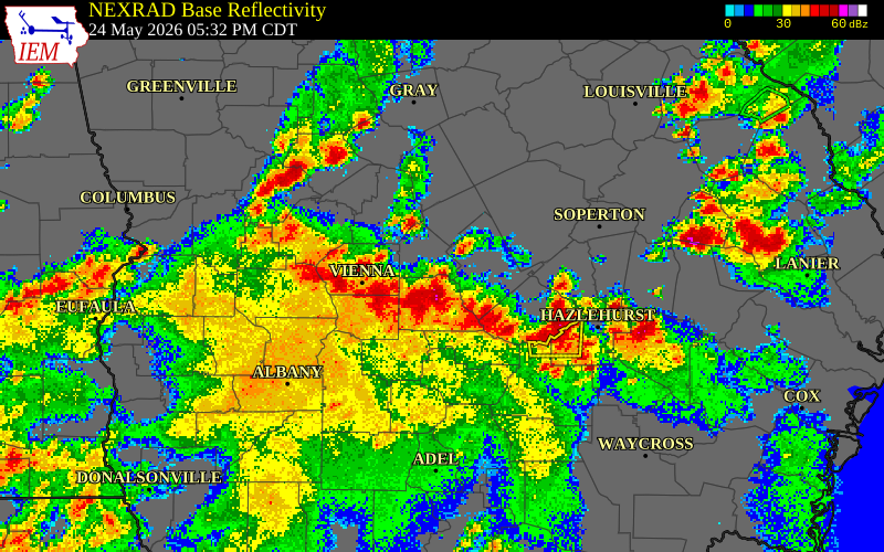 NEXRAD radar during the Sunday, May 24, 2026 storm activity in Wilcox County, Georgia