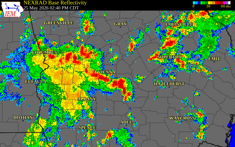 NEXRAD radar during the Monday, May 25, 2026 storm activity in Wilcox County, Georgia