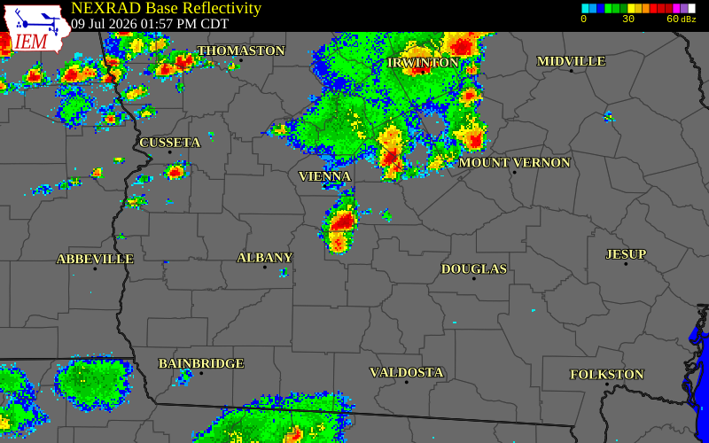 NEXRAD radar during the Thursday, July 9, 2026 storm activity in Wilcox County, Georgia