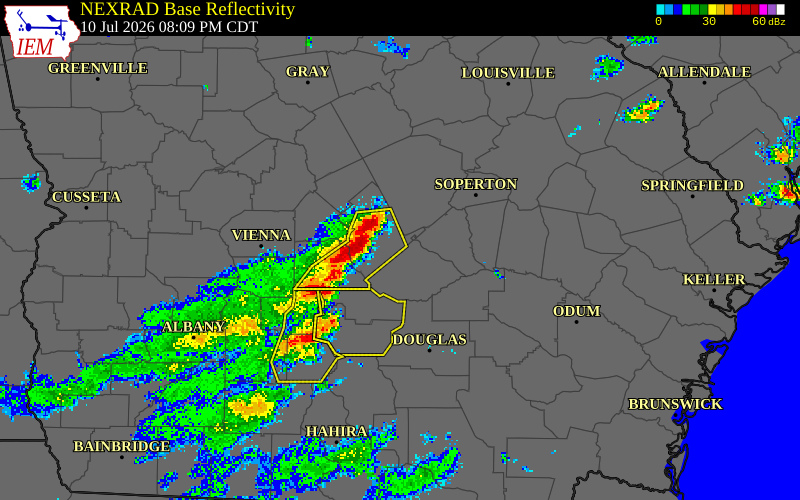 NEXRAD radar during the Friday, July 10, 2026 storm activity in Wilcox County, Georgia