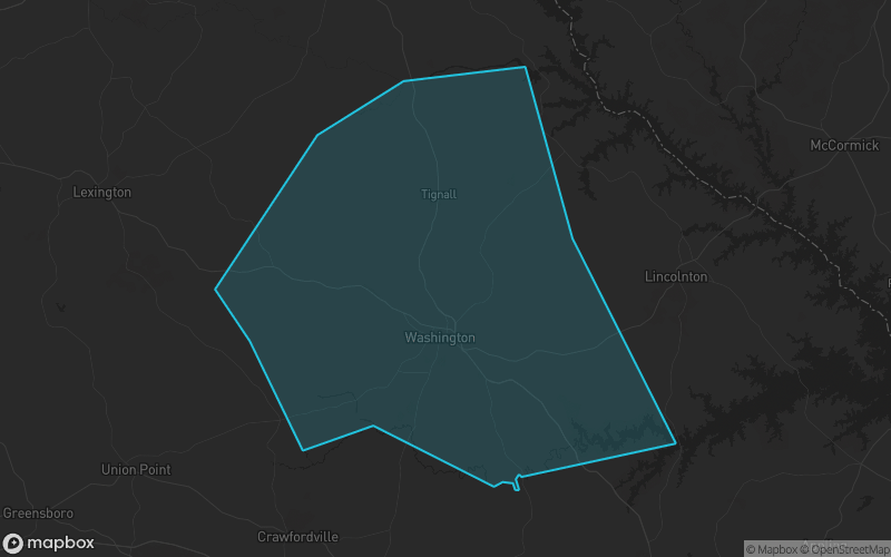 Map of Wilkes County, Georgia showing the county boundary and surrounding cities