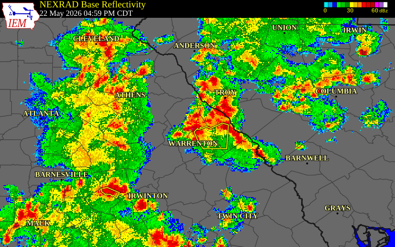 NEXRAD radar during the Friday, May 22, 2026 storm activity in Wilkes County, Georgia